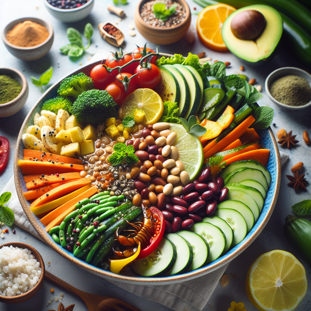 Caribbean Buddha Bowl with fresh vegetables, kidney beans, avocado, cucumber, carrots, broccoli, and lime